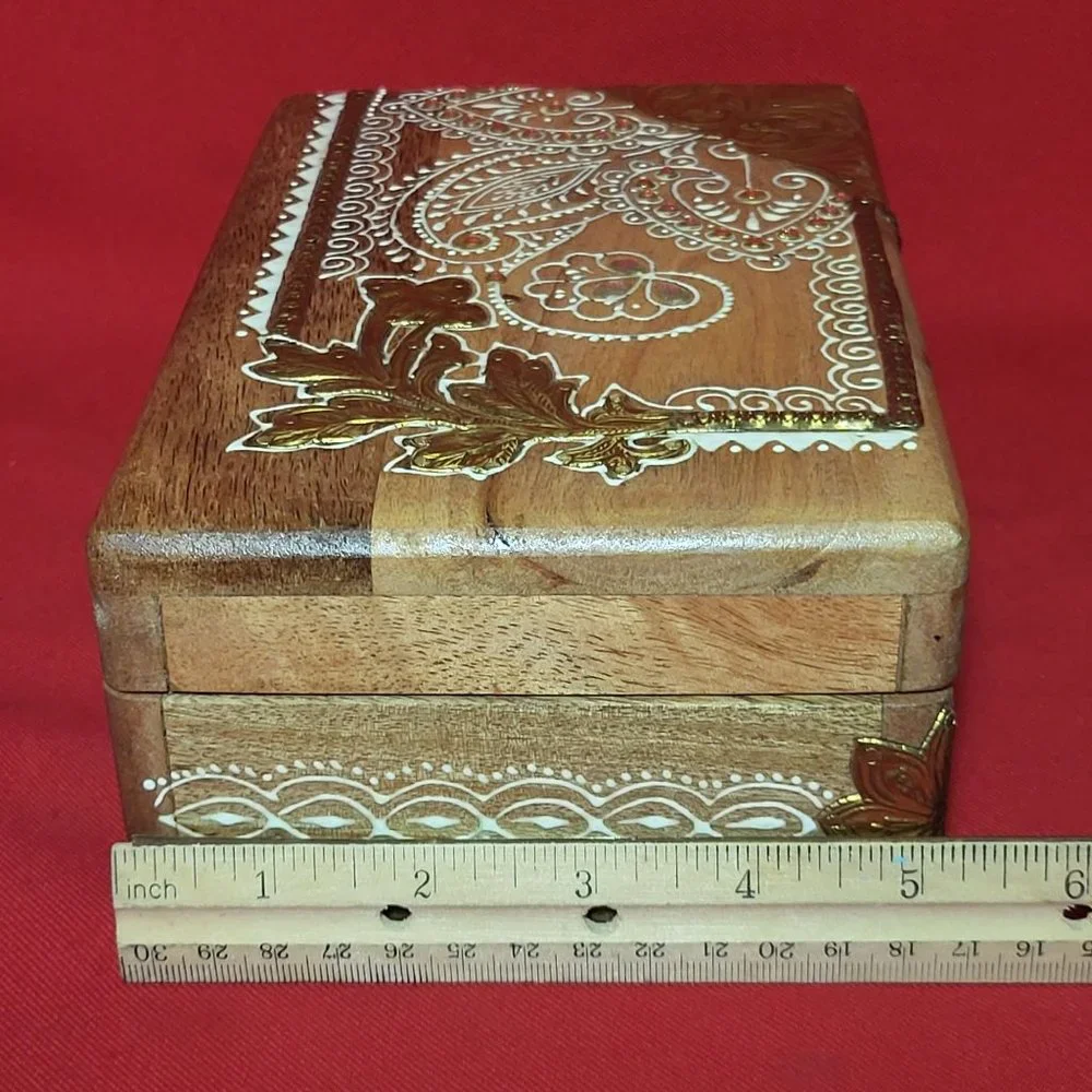 VTG Wooden Jewelry Keepsake Trinket Box White Gold Floral Design